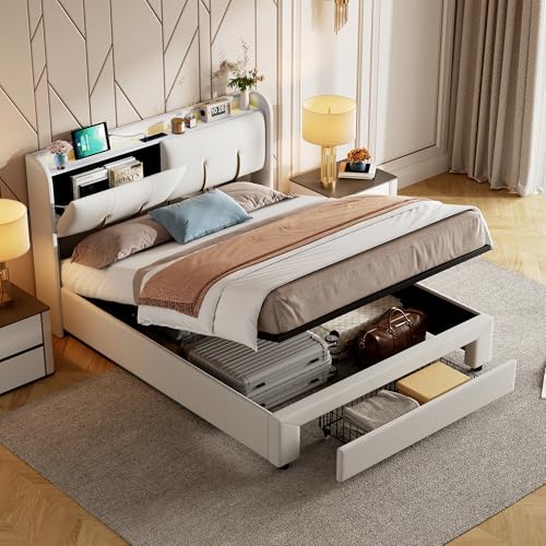Bett Mit Stauraum 140 x 200 cm, Doppelbett Mit LED, USB Funktion Kopfteil, Hydraulisch Gepolstertes Bett Rahmen, Boxspringbett Mit Lattenrost (Beige E, 140 x 200 cm) von Wnvivi