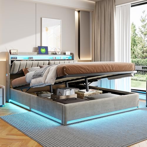 Bett Mit Stauraum 160 x 200 cm, Doppelbett Mit LED, USB Funktion Kopfteil, Hydraulisch Gepolstertes Bett Gestell, Boxspringbett Mit Lattenrost (Hellgrau J, 160 x 200 cm) von Wnvivi