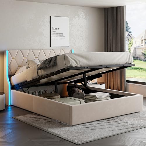 Bett Mit Stauraum 160 x 200 cm, Doppelbett Mit Led Kopfteil, Hydraulisch Gepolstertes Bett Gestell, Boxspringbett Mit Lattenrost, Samt (Beige F, 160 x 200 cm) von Wnvivi