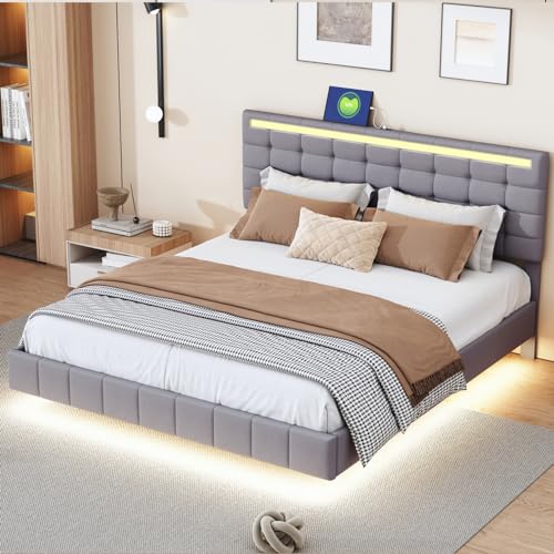 Doppelbettgestell 160 x 200 cm,Schwebendes Bett,Gepolstertes Bett Mit LED Und USB-Ladefunktion, Jugendbett Mit Lattenrost, Verstellbares Kopfteil, Versteckte Fußstütze, Lagerbett,Leinen (Grau A) von Wnvivi