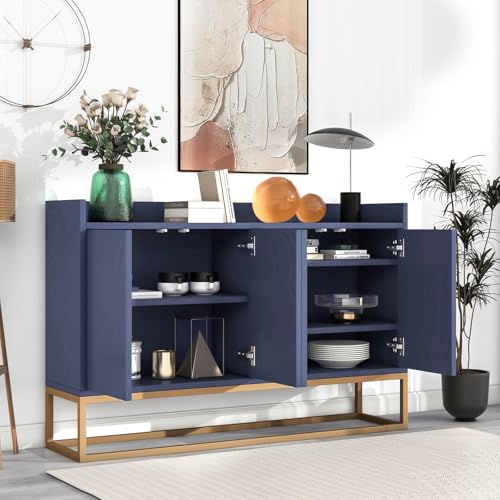 Moderne Sideboard mit 4 Türen ohne Griff, Schubladenkommode mit Verstellbarem Regal, Metallbeine, Küchenschrank, minimalistischer Aufbewahrungsschrank für Wohnzimmer, Esszimmer, Flur (Blau) von Wnvivi