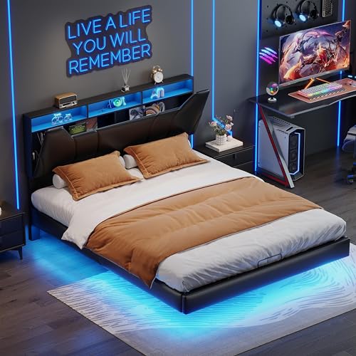 Schwebendes Polsterbett 160 x 200 cm, Wendbares Kopfteil mit Stauraum, Doppelbettrahmen Mit LED Und USB-Ladefunktion, Hydraulisches Lagerbett,Boxspringbett Mit Lattenrost, PU von Wnvivi