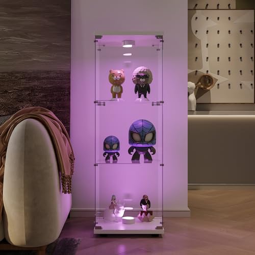 Vitrine aus Glas mit LED, Sammlungsvitrine Modell mit 1 Türen und 3 Regalen, 1 abschließbare Tür, Vitrine aus transparentem Glas, Flur, Wohnzimmer-Barmöbel (Weiß A, LED mit einer Tür) von Wnvivi