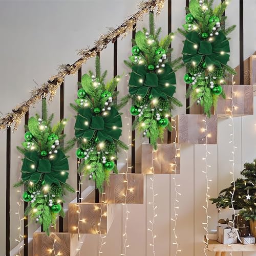Wnvivi 2 Stück Grüne Hängende Treppengirlanden, LED-Weihnachtsgirlande, Weihnachts-Haustürkranz, Vorbeleuchteter Tropfenförmiger Weihnachtskranz für Heimdekoration(Mit Licht) von Wnvivi