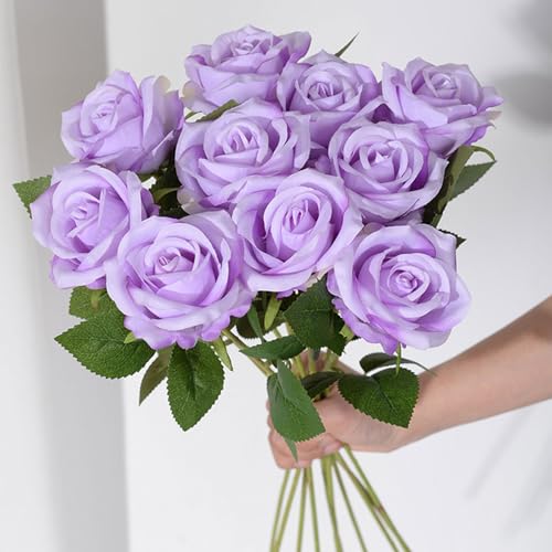 Wnvivi 24 Stück Künstliche Blumenstiele, 50 cm Langer Stiel, Seidenrosen mit Grünen Blättern, Kunstblumen-Arrangement, Blumenstrauß für Hochzeit, Zuhause, Hotels, Dekoration(Lila) von Wnvivi