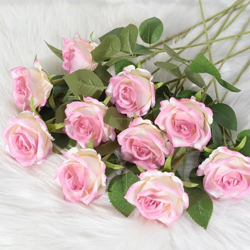 Wnvivi 24 Stück Künstliche Blumenstiele, 50 cm Langer Stiel, Seidenrosen mit Grünen Blättern, Kunstblumen-Arrangement, Blumenstrauß für Hochzeit, Zuhause, Hotels, Dekoration(Rosa-1) von Wnvivi