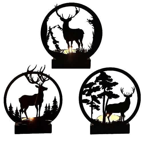 Wnvivi 3-teiliger Künstlerischer Hirsch-Silhouette-Kerzenhalter, Metall-Kerzenhalter in Tierform mit Gravur, Dekorativer Stumpen-Teelicht-Kerzenständer für Weihnachts-Tischdekoration(Schwarz) von Wnvivi
