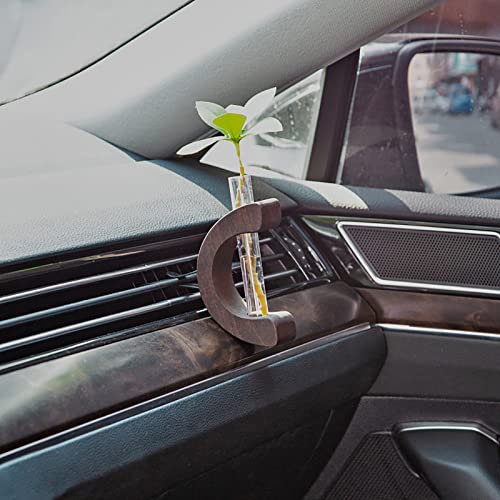 Wnvivi Blumenvase für Auto-Lüftungsöffnungen, C-Form, Holzsockel, Reagenzglas, Glasvase, Kleiner Innenpflanzen-Blumenbehälter für Auto-Lüftungsöffnungen(Dunkelbraun) von Wnvivi
