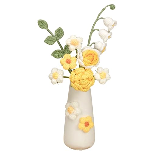 Wnvivi Handgefertigte Gestrickte Blumen mit Vase, Mini-Häkel-Maiglöckchen-Rosen-Topfpflanze, Künstlicher Häkel-Blumenstrauß für Heimdekoration(Gelb) von Wnvivi