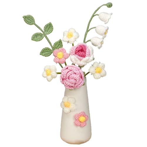 Wnvivi Handgefertigte Gestrickte Blumen mit Vase, Mini-Häkel-Maiglöckchen-Rosen-Topfpflanze, Künstlicher Häkel-Blumenstrauß für Heimdekoration(Rosa) von Wnvivi