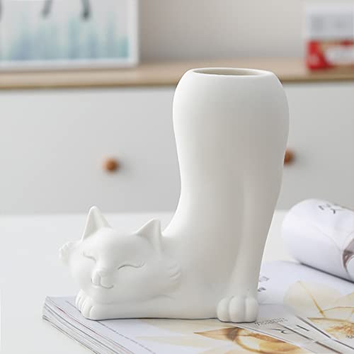 Wnvivi Keramikvase in Tierform, Kleine Blumenvase, Pflanztöpfe, Katze, Hase, Giraffe, Elefant, Blumenvase, Cartoon-Heimdekoration(Katze) von Wnvivi