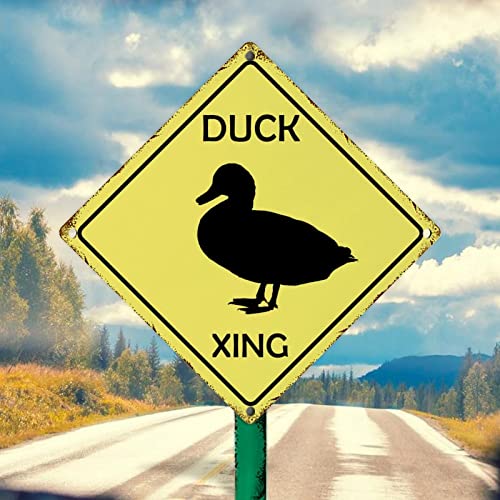 Duck Crossing Metall Blechschild Vorsicht Ente Männer Höhle Schilder Ente Kreuzung Retro Metall Wandbehang Schild Gelb Diamant Form Schild für Veranda Straße Outdoor 25,4 x 25,4 cm Geburtstagsgeschenk von WoGuangis