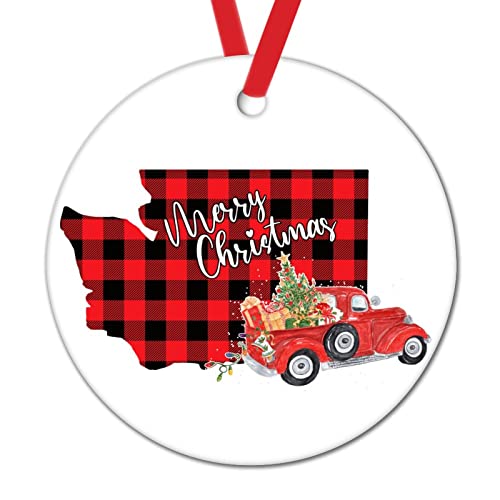 Washington Baumschmuck Ornament USA Staat Xmas Hanging Christmas Party Supplies Buffalo Plaid Farmhouse Red Truck Porzellan Runde Keramik Weihnachtsdekoration von WoGuangis