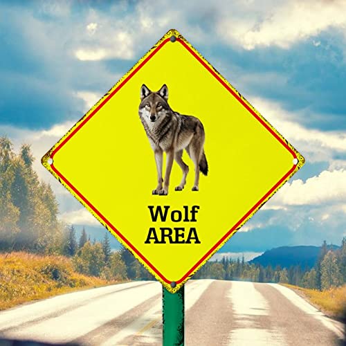 WoGuangis Caution Wolf Xing Metall Wandschild Wild Animals Wolf Area Metallschild Wolf Crossing Retro Vintage Blechschild Gelb Diamant Form Schild für Zaun Hof Straße 25,4 x 25,4 cm von WoGuangis