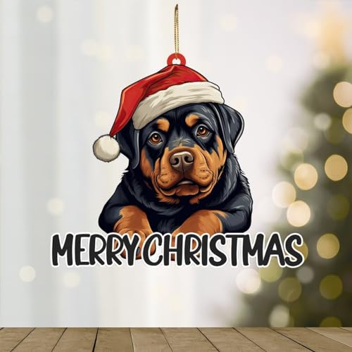 WoGuangis Geschenk für Hundebesitzer, Ornament, Rottweiler, Acryl, Weihnachtsschmuck, Rottweiler-Hund mit Weihnachtsmannmütze, individueller Name, Weihnachtsschmuck für Kinder, 10,2 cm, von WoGuangis