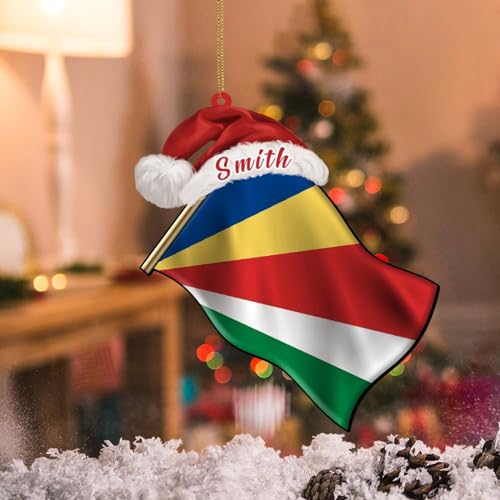 WoGuangis Ornament – Seychellen-Flagge mit benutzerdefinierter Weihnachtsmütze, Weihnachtsschmuck für Baum, Seychellen, Ornamente, Weihnachtsbaumschmuck, Stadt-Souvenir, Geschenk, Acryl-Ornamente, von WoGuangis