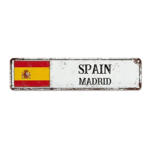 WoGuangis Spanien Souvenir Rustikale Shabby Chic Schilder Madrid Metall Wanddekoration Schild Landflagge Stadt Souvenir Metallschild Schild Qualität Aluminium Schild für Veranda Waschküche 30,5 x 7,6 von WoGuangis