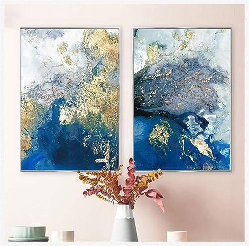 2Er-Set Abstrakte Malerei Kunst Dekoration Bild Blau Golden Moderne Abstrakte Ozean Wand Nordische Leinwand Wohnzimmer Schlafzimmer Galerie Zimmer Dekor Kunstwerk-30 * 50Cm/12 * 20Inch (Ungerahmt) von WoLWEs