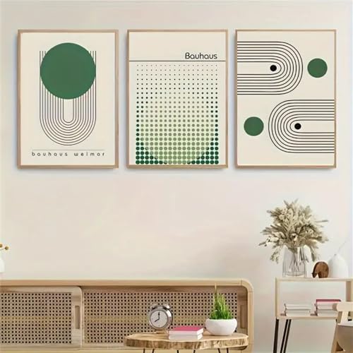 3Er-Set Leinwanddruck-Poster Bauhaus-Leinwand-Kunstgemälde Mit Grünen Farbblocklinien Kunstwerk Wohnzimmer Schlafzimmer Badezimmer Büro Flur Küche Wand Dekorationen-50*70Cm=20*27 Zoll (Ohne Rahmen) von WoLWEs