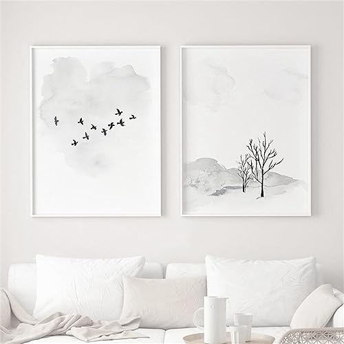 Set Mit 2 Minimalistischen Aquarellgemälden Kunst-Leinwanddruck Vögel Bäume Poster Winterbild für Wohnzimmer Schlafzimmer Galerie Heim Dekoration Kunstwerk-60 * 90Cm/24 * 35 Zoll (Ohne Rahmen) von WoLWEs