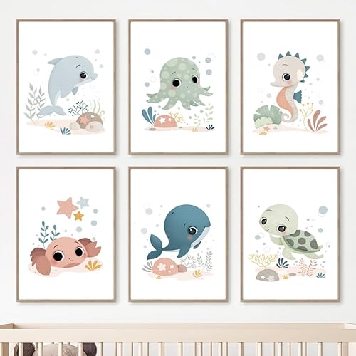 WoLWEs 6Er-Set Babyzimmer Wal Schildkröte Krabbe Delphin Seepferdchen Ozean Kinderzimmer Wandkunst Leinwand Malerei Poster und Drucke Bilder Kinderzimmer Dekor-A4 (Ohne Rahmen) von WoLWEs