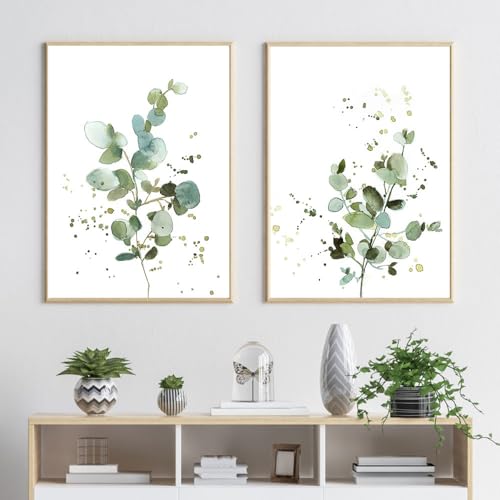 WoLWEs Modernes Aquarell Botanische Grüne Blätter Leinwandgemälde Wandkunst Poster Drucke Pflanze für Wohnzimmer Schlafzimmer Küche Heim Dekoration-50 * 70Cm*2=20 * 27 Zoll*2 (Kein Rahmen) von WoLWEs