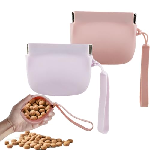 Leckerlibeutel für Hunde, Silikon Hunde Leckereien Automatischer Verschluss Mini Tragbare Haustier Snack Beutel Training Tasche Einfach zu Reinigen Reisen oder Outdoor Gebrauch (Rosa & Violett) von WoYous