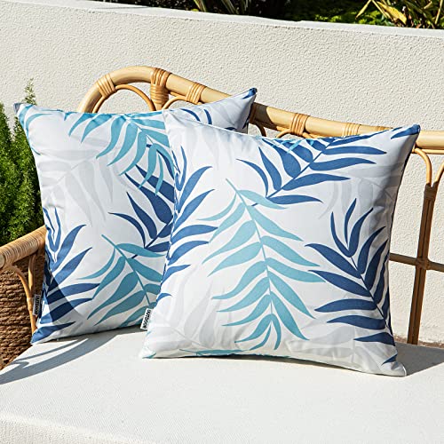 Woaboy 2er Set Outdoor wasserdichte Kissenbezüge Kissen Wasserfest Kissenhülle Dekohülle Sofakissen für Garten Balkon Wohnzimmer 45x45cm (Blätter Blau) von Woaboy