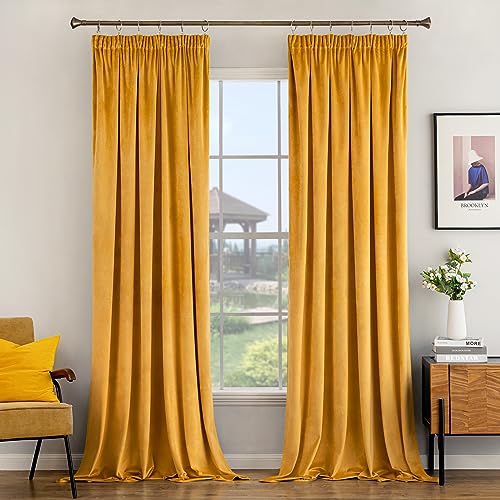 Woaboy 2er Set Samtvorhänge mit Kräuselband Verdunkelungsvorhang Blickdicht Gardine Vorhang mit Ösen für Wohnzimmer 117 x 228 cm(B x H) Gelb von Woaboy