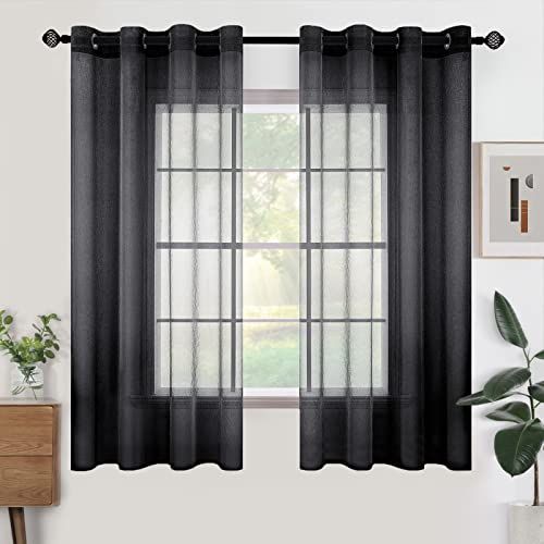 Woaboy Voile Gardinen Kurz Vorhänge Transparent Wohnzimmer mit Ösen Stores Gardinen Schlafzimmer Ösenvorhang Scheibengardine Schlaufengardinen Modern 2er Set 140x145 cm (B x H) Schwarz von Woaboy