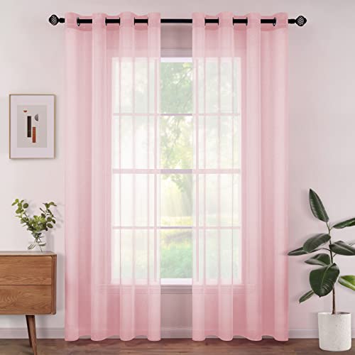 Woaboy Voile Gardinen Vorhänge Transparent Wohnzimmer mit Ösen Stores Gardinen Schlafzimmer Ösenvorhang Scheibengardine Schlaufengardinen Modern 2er Set 140x215 cm (B x H) Rosa von Woaboy