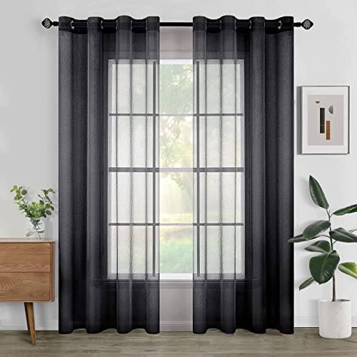 Woaboy Voile Gardinen Vorhänge Transparent Wohnzimmer mit Ösen Stores Gardinen Schlafzimmer Ösenvorhang Scheibengardine Schlaufengardinen Modern 2er Set 140x245 cm (B x H) Schwarz von Woaboy