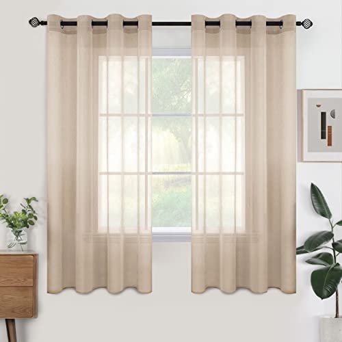 Woaboy Voile Gardinen Kurz Vorhänge Transparent Wohnzimmer mit Ösen Stores Gardinen Schlafzimmer Ösenvorhang Scheibengardine Schlaufengardinen Modern 2er Set 140x145 cm (B x H) Beige von Woaboy