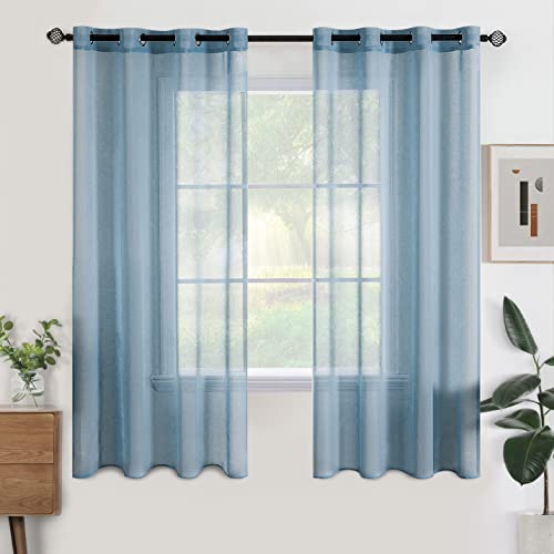 Woaboy Voile Gardinen Kurz Vorhänge Transparent Wohnzimmer mit Ösen Stores Gardinen Schlafzimmer Ösenvorhang Scheibengardine Schlaufengardinen Modern 2er Set 140x145 cm (B x H) Navy Blau von Woaboy