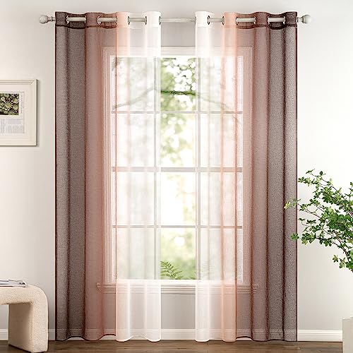 Woaboy 2er Set Voile Vorhang Zweifarbiger Vorhang mit Ösen Transparente Gardine Ösenschal Dekoschal Fensterschal Lichtdurchlässig für Schlafzimmer und Wohnzimmer 140x225cm Hellkaffee von Woaboy