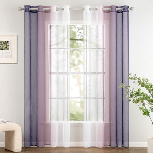 Woaboy 2er Set Voile Vorhang Zweifarbiger Vorhang mit Ösen Transparente Gardine Ösenschal Dekoschal Fensterschal Lichtdurchlässig für Schlafzimmer und Wohnzimmer 140x225cm Lila von Woaboy