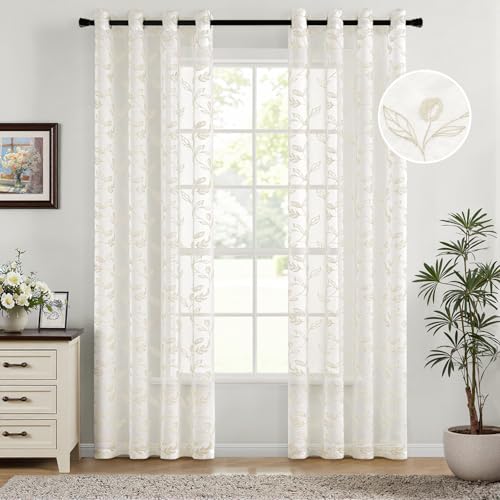 Woaboy Gardinen Creme Blätter Muster Voile Vorhänge mit Ösen Wohnzimmer Transparente Ösenschal Sheer Voile Curtains für Schlafzimmer 2er Set 140x225cm(BxH) von Woaboy