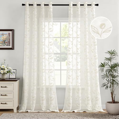 Woaboy Gardinen Creme Blätter Muster Voile Vorhänge mit Ösen Wohnzimmer Transparente Ösenschal Sheer Voile Curtains für Schlafzimmer 2er Set 140x245cm(BxH) von Woaboy