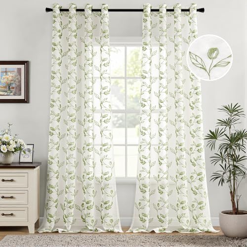 Woaboy Gardinen Grün Blätter Muster Voile Vorhänge mit Ösen Wohnzimmer Transparente Ösenschal Sheer Voile Curtains für Schlafzimmer 2er Set 140x245cm(BxH) von Woaboy
