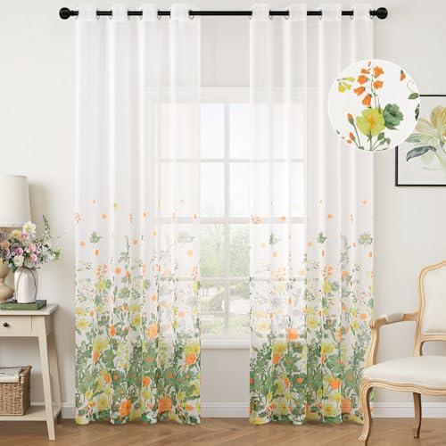 Woaboy Gardinen Grün Voile Blumenmuster Vorhänge mit Ösen Wohnzimmer Transparente Ösenschal Sheer Voile Curtains für Schlafzimmer 2er Set 140x225cm(BxH) von Woaboy