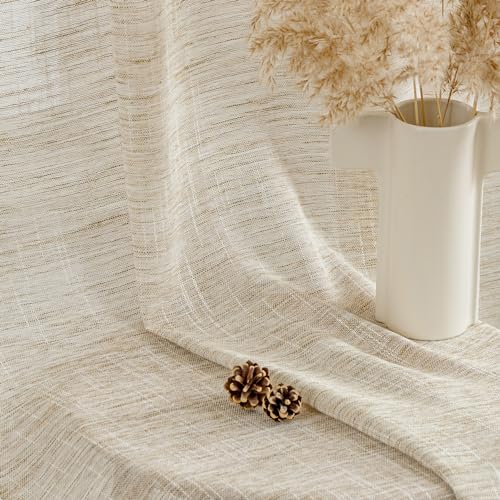 Woaboy Gardinen Leinen Halbtransparent Ösenvorhänge Wohnzimmer Schlaufengardinen Leinenoptik Fensterschal Schlafzimmer Modern Gardine Stores 2er Set 140x225cm (BxH) Natur Weiß von Woaboy