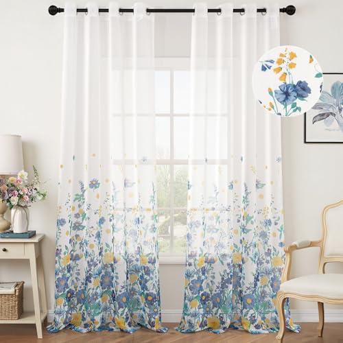 Woaboy Gardinen Navy Blau Voile Blumenmuster Vorhänge mit Ösen Wohnzimmer Transparente Ösenschal Sheer Voile Curtains für Schlafzimmer 2er Set 140x245cm(BxH) von Woaboy