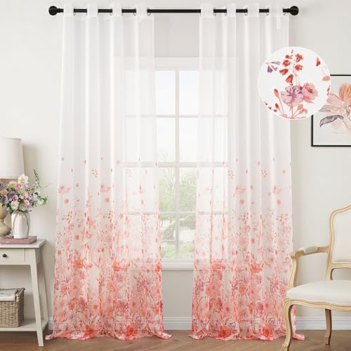 Woaboy Gardinen Rosa Voile Blumenmuster Vorhänge mit Ösen Wohnzimmer Transparente Ösenschal Sheer Voile Curtains für Schlafzimmer 2er Set 140x245cm(BxH) von Woaboy