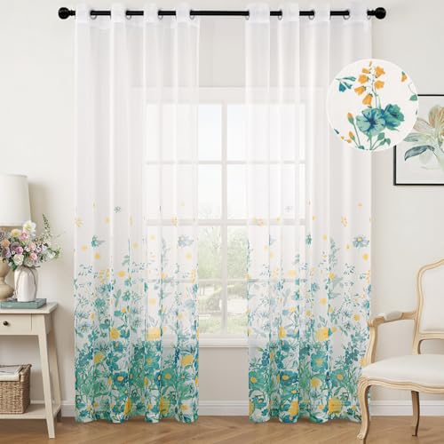 Woaboy Gardinen Türkis Voile Blumenmuster Vorhänge mit Ösen Wohnzimmer Transparente Ösenschal Sheer Voile Curtains für Schlafzimmer 2er Set 140x225cm(BxH) von Woaboy