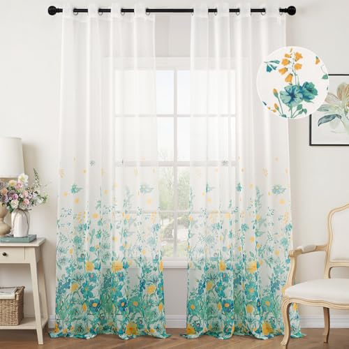 Woaboy Gardinen Türkis Voile Blumenmuster Vorhänge mit Ösen Wohnzimmer Transparente Ösenschal Sheer Voile Curtains für Schlafzimmer 2er Set 140x260cm(BxH) von Woaboy
