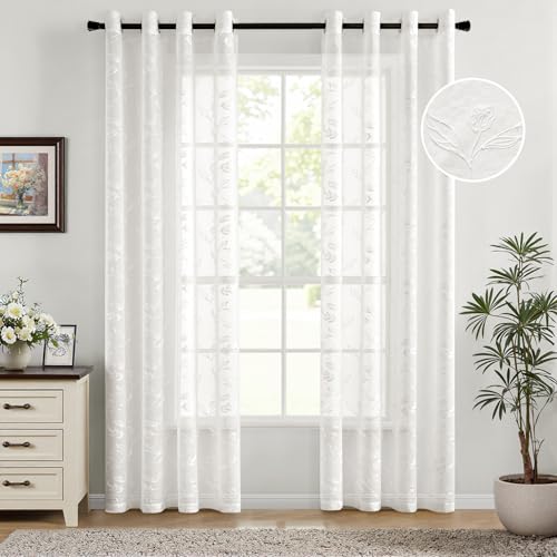 Woaboy Gardinen Weiß Blätter Muster Voile Vorhänge mit Ösen Wohnzimmer Transparente Ösenschal Sheer Voile Curtains für Schlafzimmer 2er Set 140x225cm(BxH) von Woaboy