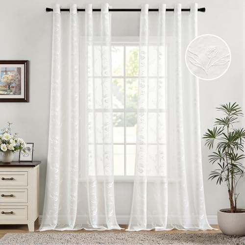 Woaboy Gardinen Weiß Blätter Muster Voile Vorhänge mit Ösen Wohnzimmer Transparente Ösenschal Sheer Voile Curtains für Schlafzimmer 2er Set 140x245cm(BxH) von Woaboy