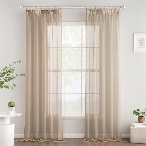Woaboy Gardinen mit Kräuselband Fenster Voile Vorhänge Wohnzimmer Transparent Sheer Curtains Stores Gardine Schlafzimmer Modern Schlaufengardinen 2er Set 140x215cm (BxH) Beige von Woaboy