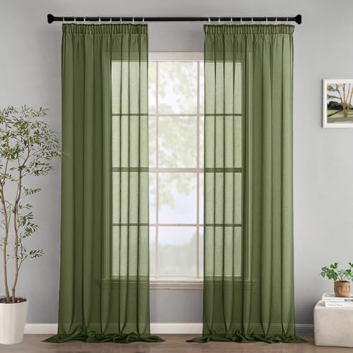 Woaboy Gardinen mit Kräuselband Fenster Voile Vorhänge Wohnzimmer Transparent Sheer Curtains Stores Gardine Schlafzimmer Modern Schlaufengardinen 2er Set 140x225cm (BxH) Olivergrün von Woaboy