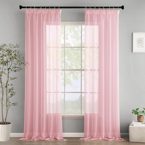 Woaboy Gardinen mit Kräuselband Fenster Voile Vorhänge Wohnzimmer Transparent Sheer Curtains Stores Gardine Schlafzimmer Modern Schlaufengardinen 2er Set 140x225cm (BxH) Rosa von Woaboy